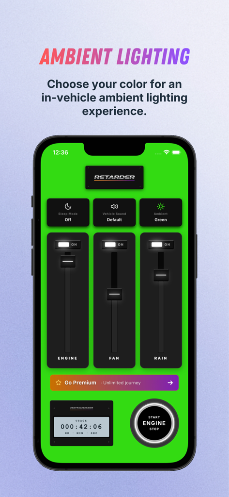 Retarder: Bus sounds - Interfaz de la aplicación Retarder con iluminación ambiental verde y controles deslizantes de audio