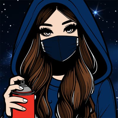 girl wearing a mask with long hair with her hood up spray-painting realistic