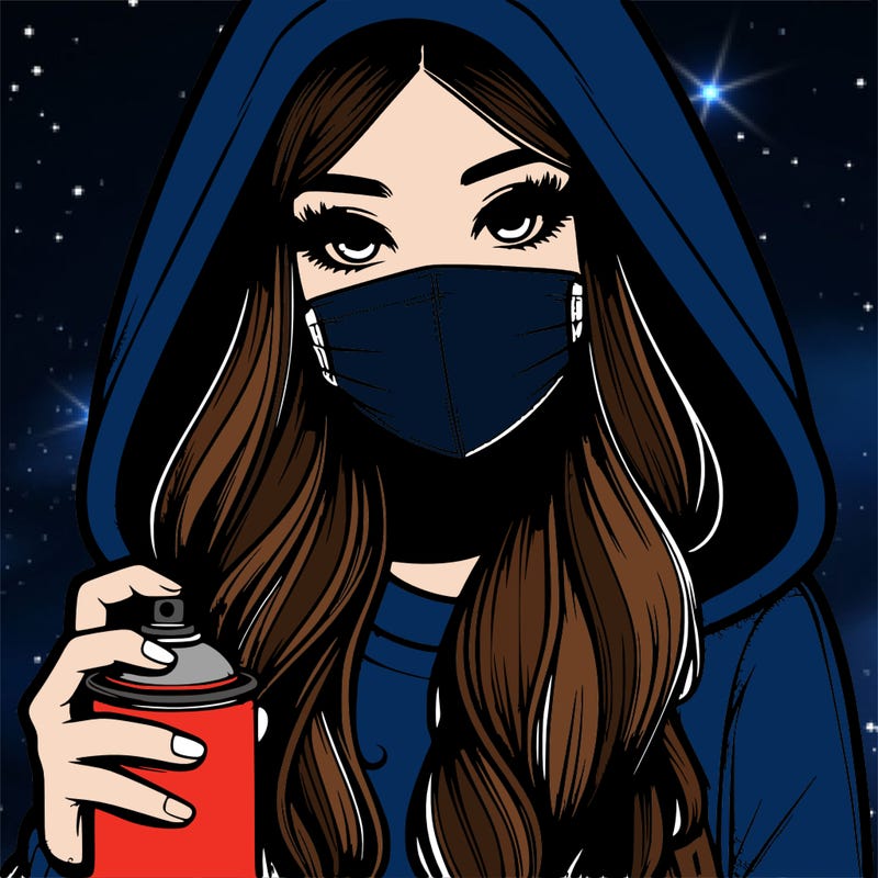 girl wearing a mask with long hair with her hood up spray-painting realistic