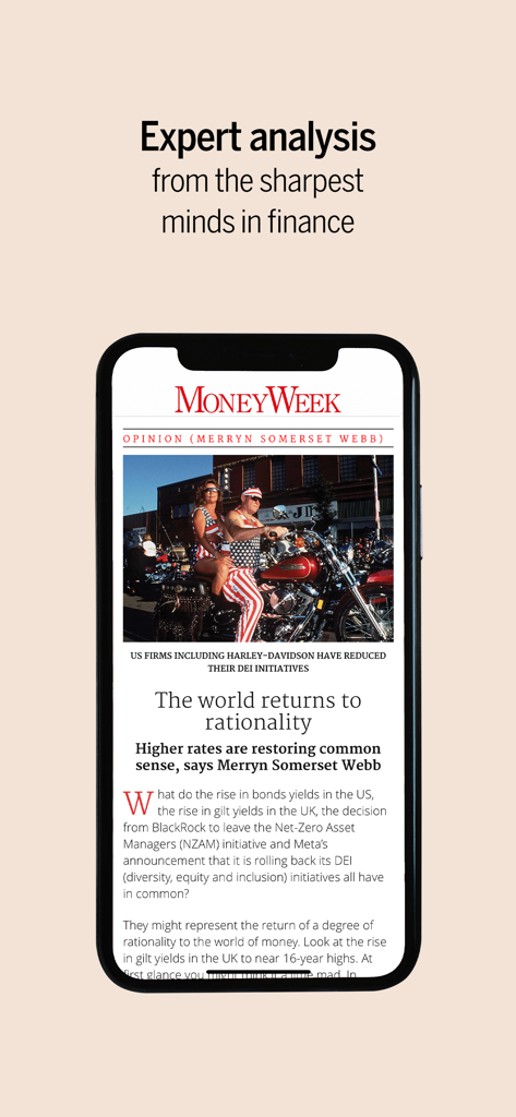 MoneyWeek mobile app screen displaying expert financial commentary and analysis on a smartphone.