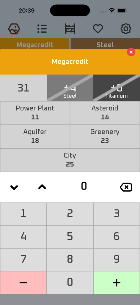 Terraforming Companion - Megacredit resource management screen with standard project costs and numeric keypad