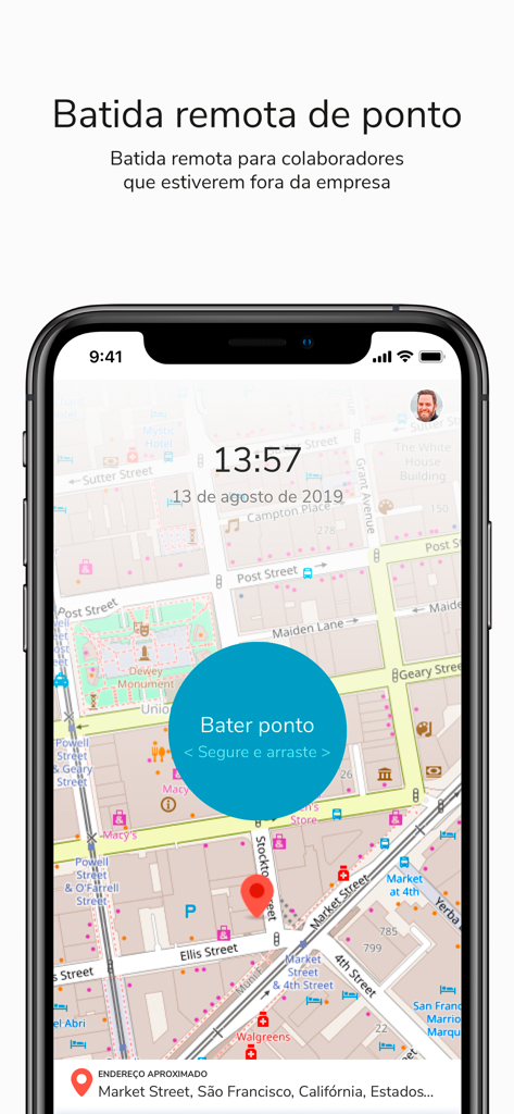 TOTVS My HR - Interfaccia dell'app TOTVS My HR che mostra la funzione di timbratura remota tramite geolocalizzazione su una mappa