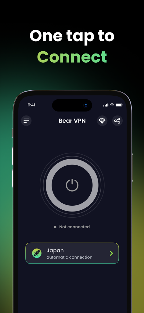 Interfaz de la aplicación móvil Bear VPN con un gran botón de encendido y un mensaje de conectar con un toque
