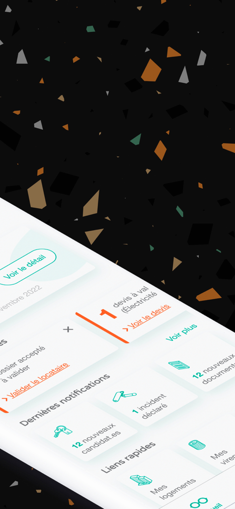 Interface de l'application de gestion immobilière Manda montrant les notifications pour les nouveaux candidats et les incidents signalés.