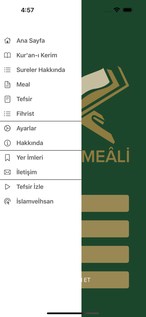 Side navigation menu of the KuranveMeali mobile app showing various sections in Turkish