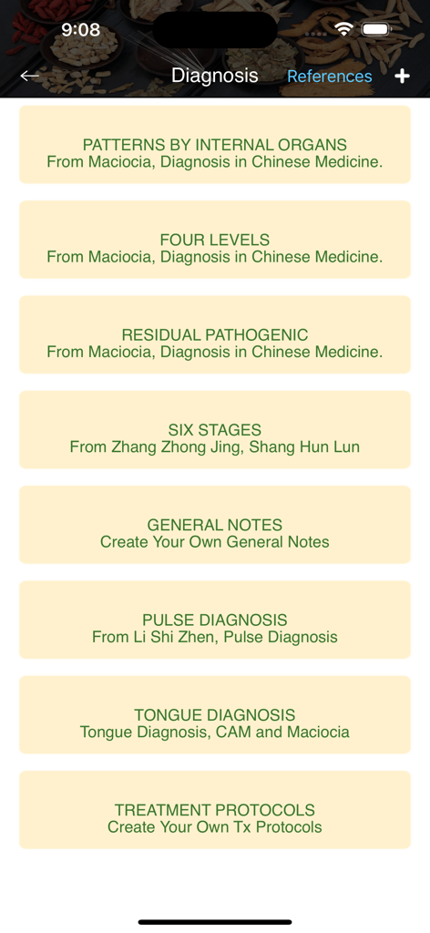 TCM Clinic Aid app screen displaying various TCM diagnosis reference categories like internal organs four levels and pulse diagnosis