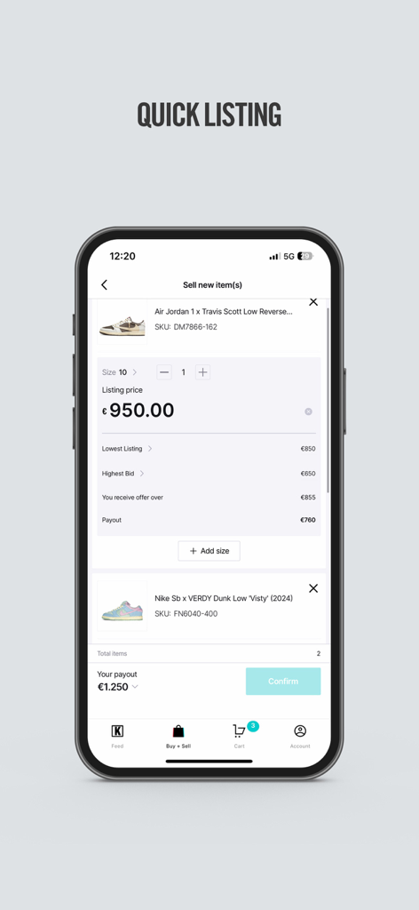 Écran de mise en vente rapide de l'application KLEKT pour vendre des baskets authentiques avec les détails des prix.