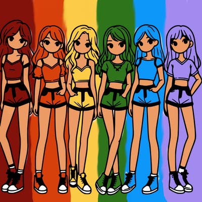 a group of girls wearing crop tops and shorts