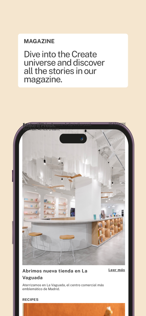 CREATE HOME - Um print da tela do aplicativo CREATE HOME destacando sua seção de revista de estilo de vida com um artigo sobre a inauguração de uma nova loja.