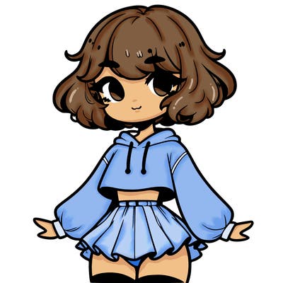 cute femboy with short, fluffy hair that softly frames their face, wearing a cropped hoodie, paired with a flouncy short skirt, and thigh-high stockings