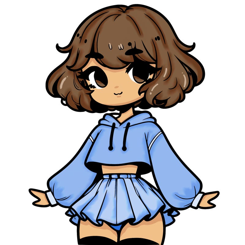 cute femboy with short, fluffy hair that softly frames their face, wearing a cropped hoodie, paired with a flouncy short skirt, and thigh-high stockings
