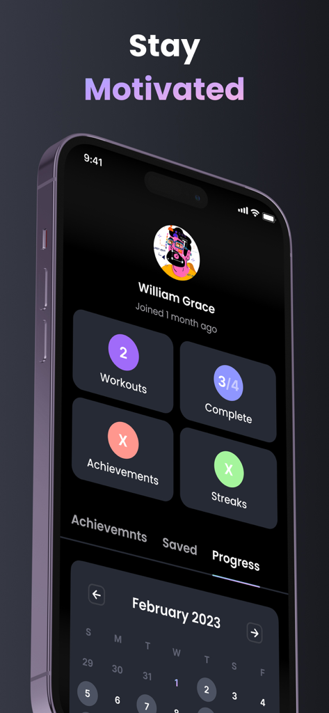 Fitonist workout planner app profile page with statistics and training calendar