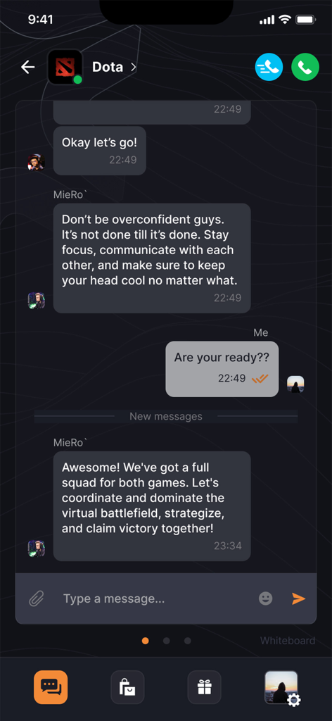 Sonix app chat interface showing a gaming crew coordinating for a Dota game