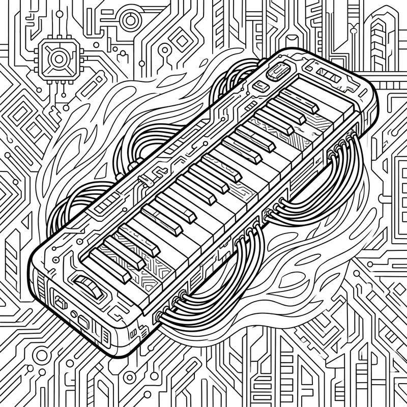 Explore the fusion of music and technology with this captivating Cyberpunk Melodica coloring page. This intricate design features a futuristic hand-held keyboard instrument set against a detailed circuit board background.