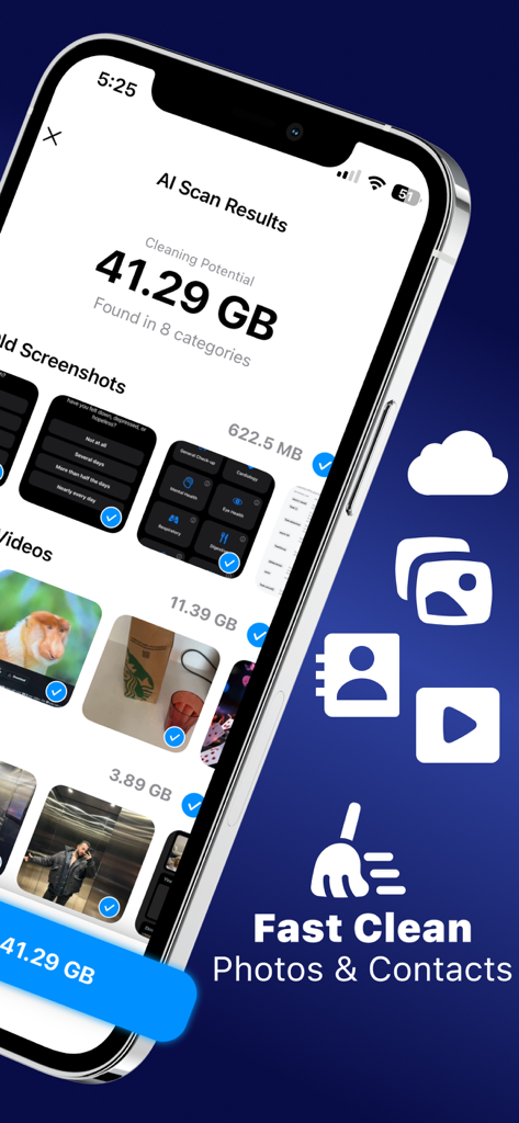 Cleaner AI - Clean Up Storage - Smartphone screen showing Cleaner AI scan results with 41 gigabytes of potential storage cleaning for photos and videos.
