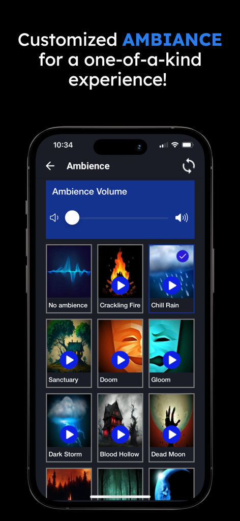 Chilling: Horror Movies & More - Interface of the Chilling app showing various ambient background sound options for immersive horror experiences