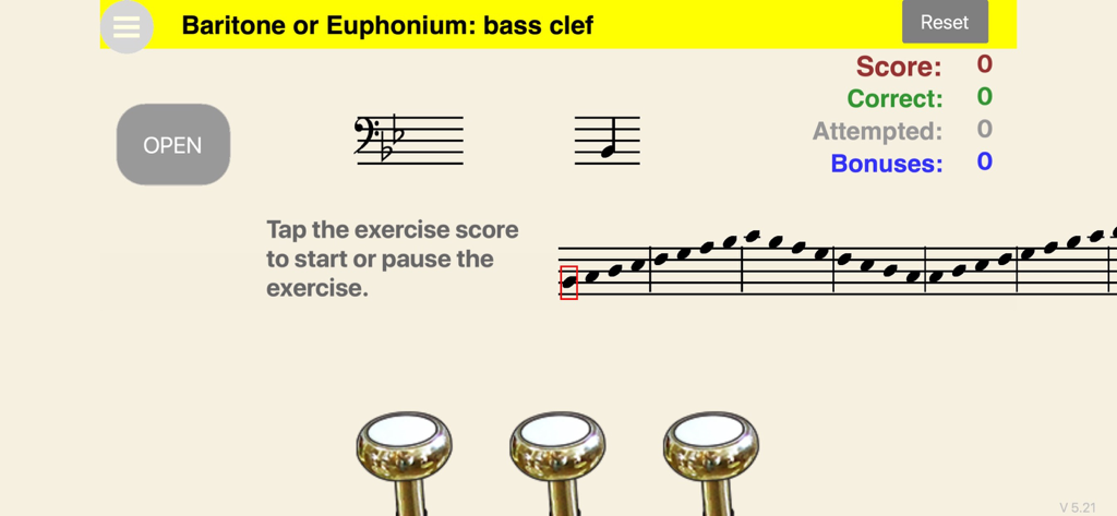 Brass Up! - Brass Up 앱, 바리톤 또는 유포니움 운지법 연습 인터페이스, 베이스 클레프 음표 및 3개 밸브 포함