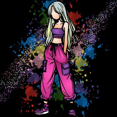 girl in baggy pants crop top and long hair