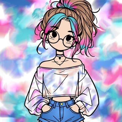 girl with a messy ponytail glasses a baggy crop top and jean shorts