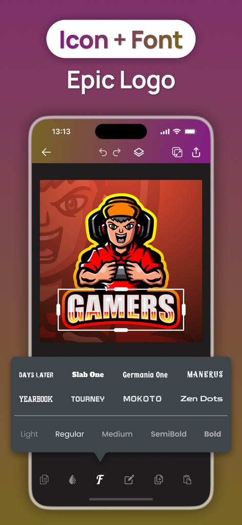 A mobile app interface for designing esports logos, showing a gamer mascot with customizable font options like Mokoto and Zen Dots.
