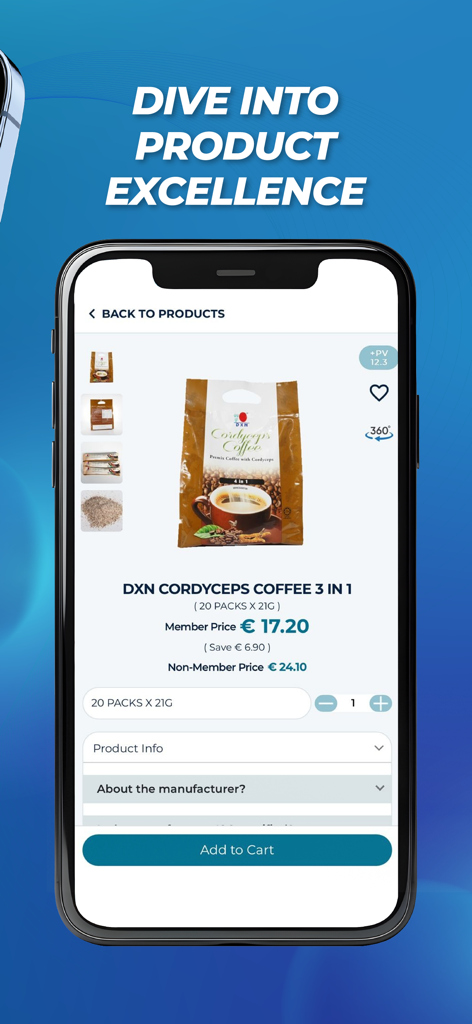 DXN Shop - Schermata del prodotto dell'app mobile che mostra i dettagli del prodotto e il prezzo per DXN Cordyceps Coffee 3 in 1.