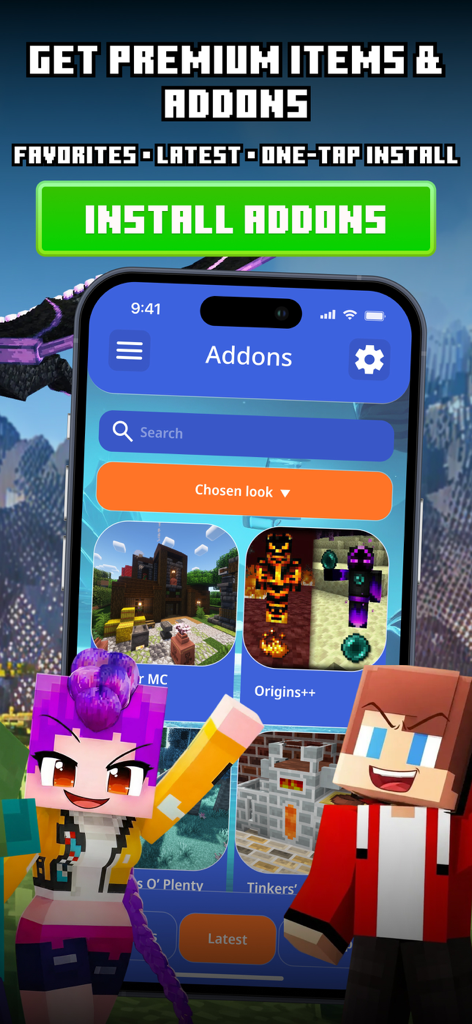 Mods & Addons for Minecraft - Una interfaz de aplicación móvil que muestra una lista de complementos de Minecraft con un botón de instalación y personajes animados.