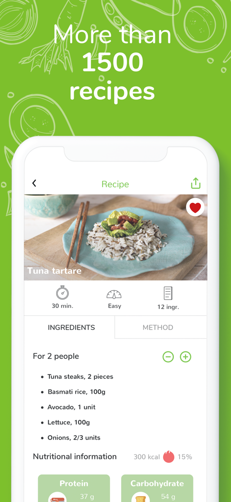 Nootric app interface displaying a healthy tuna tartare recipe with nutritional breakdown and ingredients list