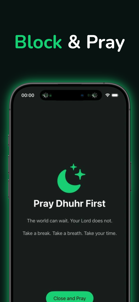 The Niyyah app interface displaying the Block and Pray feature with a reminder to pray Dhuhr first.