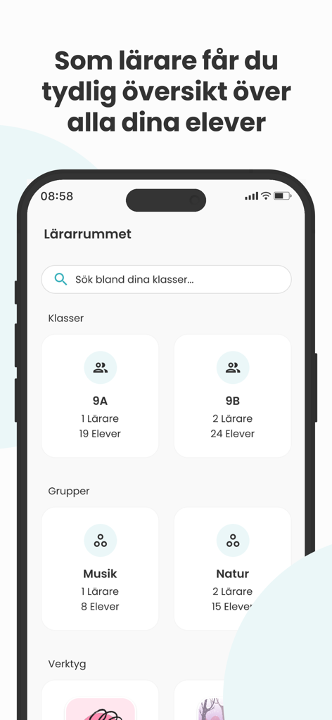 Skolon - Skolonアプリの教師向けインターフェースには、クラスと生徒グループの概要が表示されています