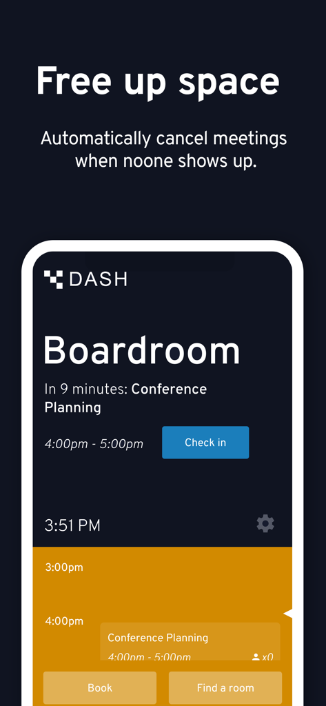 Dash app interface on a tablet showing a boardroom schedule with a check-in button to free up space