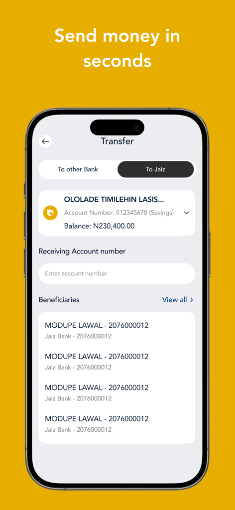 Jaiz Mobile Plus - Jaiz Mobile Plus app money transfer screen showing account balance and beneficiaries