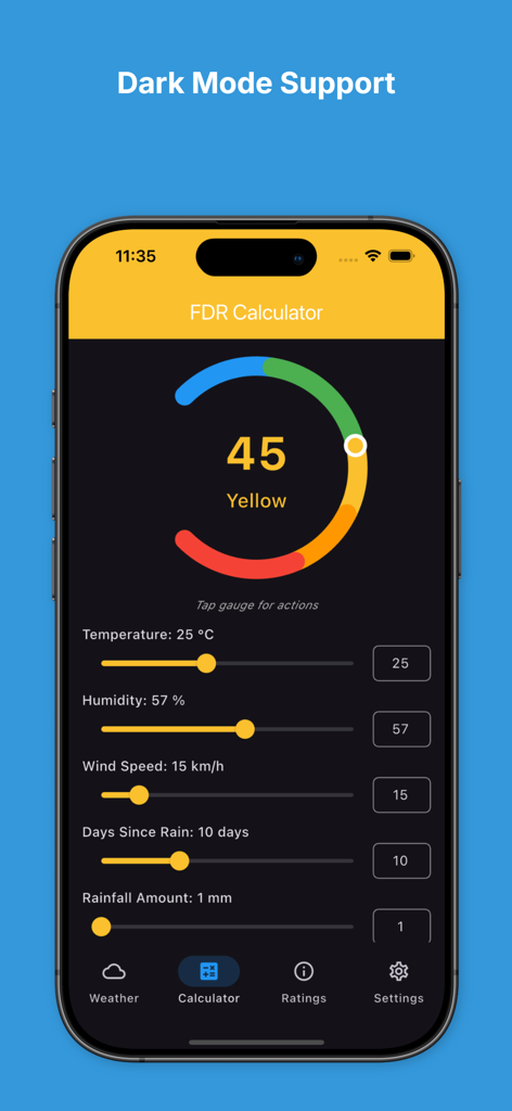 FDR Calculator app interface in dark mode showing a color-coded fire danger gauge and manual weather sliders.