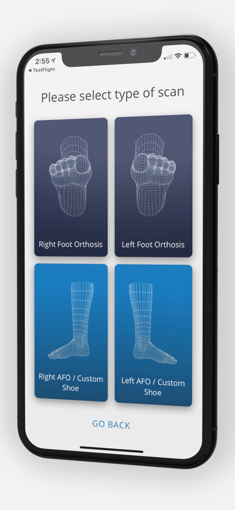 Foot ID app screen for selecting 3D scan types including orthosis and custom shoe options