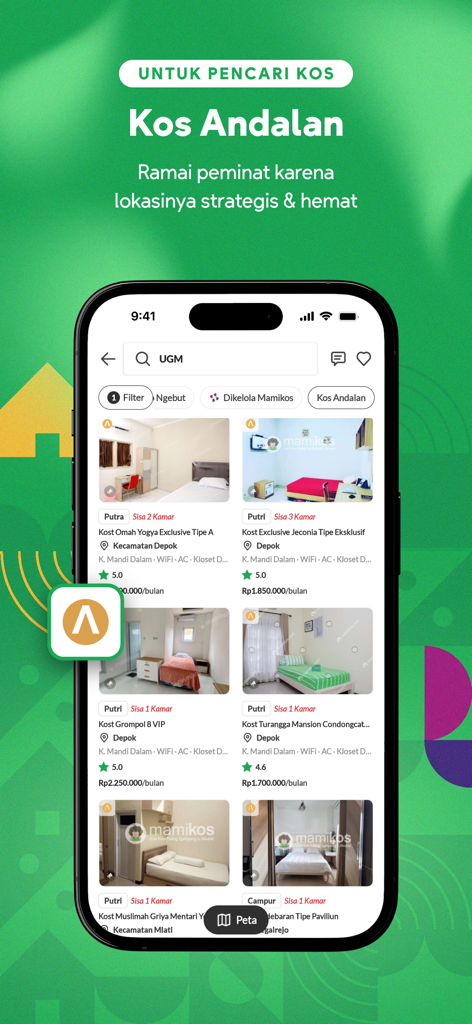 Mamikos app interface showing verified boarding house listings in Indonesia with room details and prices.