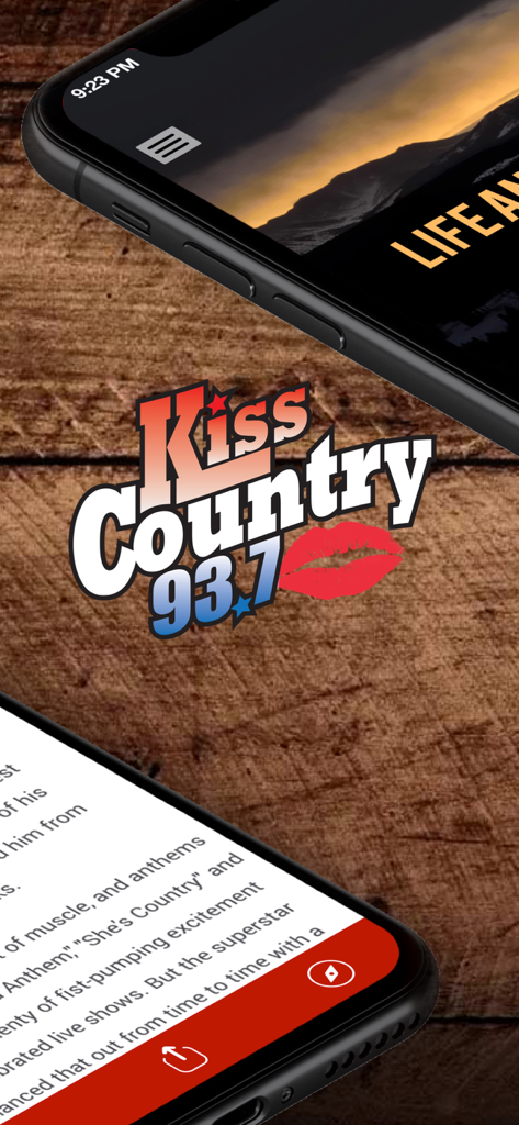 Smartphone displaying the Kiss Country 93.7 radio app logo and interface over a wooden background