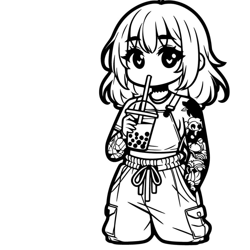anime woman drinking boba baggy clothes tattoos
