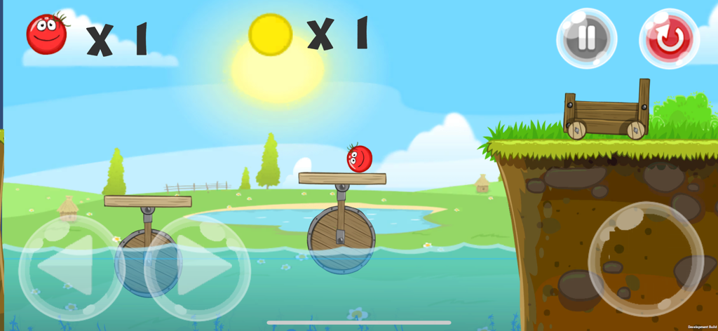 Brave Ball (Game Troll) - Brave Ball Charakter auf einer Holzplattform über Wasser in einer sonnigen Landschaft.