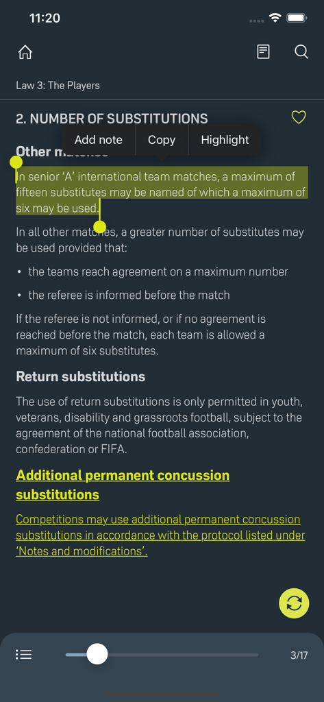 Laws of the Game - IFAB Laws of the Game app interface displaying soccer substitution rules and text highlight features