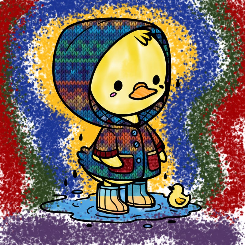 baby duck in a rain coat and boots, in a puddle while it’s raining