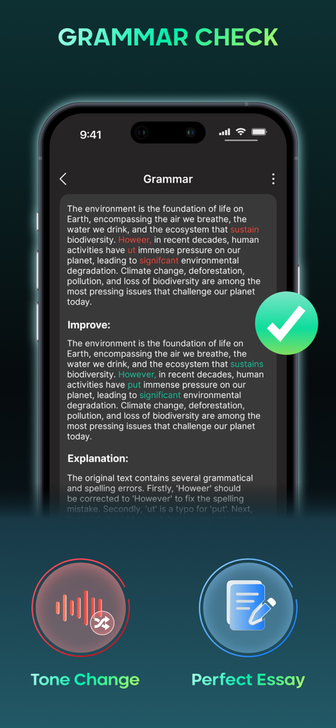 AI Chat: AI Chatbot 5 0 - Uma captura de tela do aplicativo AI Chat mostrando sua ferramenta de verificação gramatical com correções de texto e explicações de melhoria