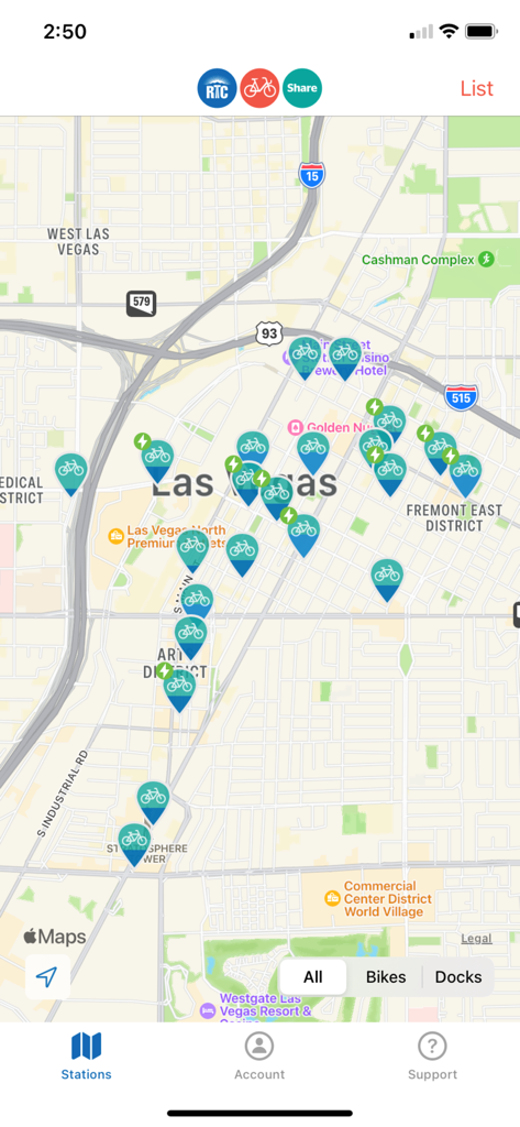 RTC Bike Share - Karte der RTC Bike Share Stationen in Downtown Las Vegas mit Anzeige der Fahrrad- und Dock-Verfügbarkeit