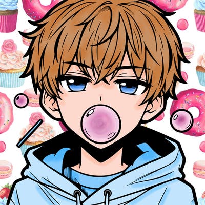 cool anime boy with a hoodie and bubblegum