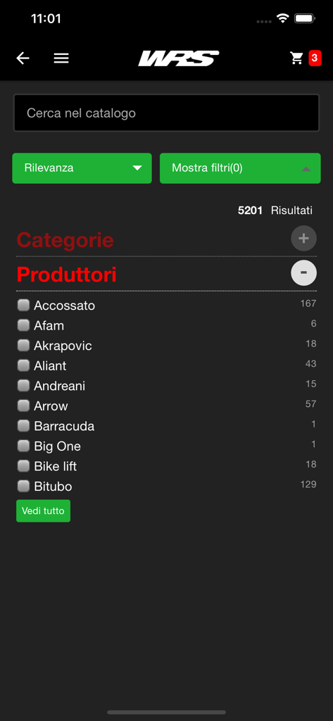 Filter by manufacturer list in the WRS Italy motorcycle parts app