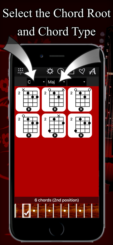 Mandolin Chords Compass - Interfaccia dell'app Mandolino per selezionare la fondamentale e il tipo di accordo