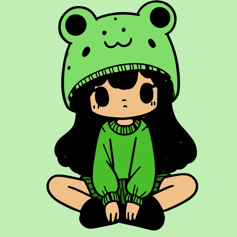 a girl wearing a frog hat and some frog socks