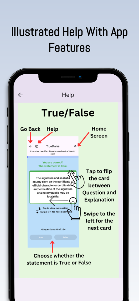 NY Notary Public Study App - Illustrated help guide for using the True or False quiz feature in the NY Notary Public Study App.