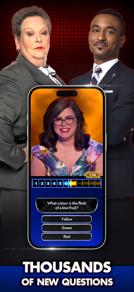The Chase - World Tour - Smartphone screen displaying a trivia question in The Chase World Tour mobile game with famous Chasers in the background