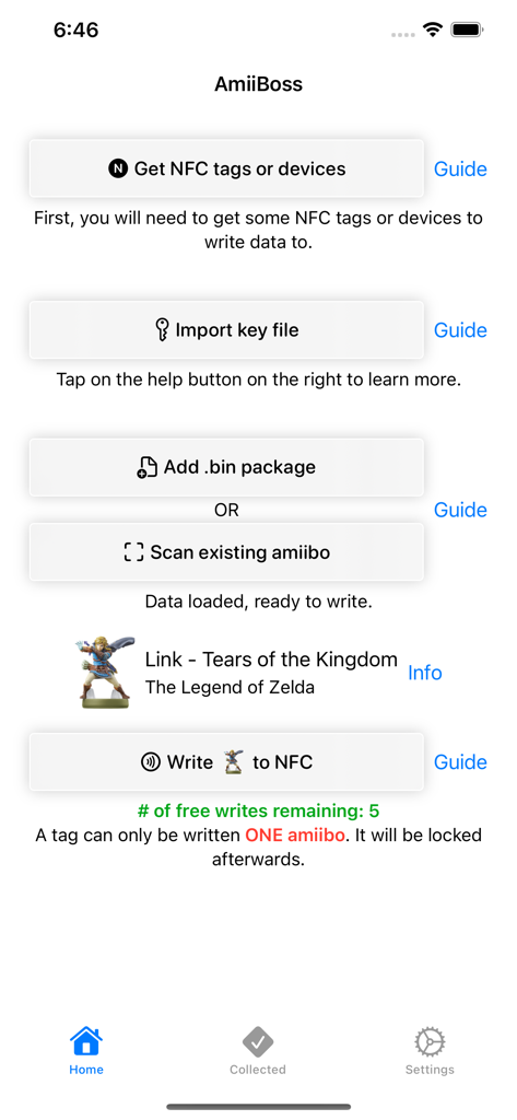 AmiiBoss - AmiiBoss app interface for writing amiibo data to NFC tags showing a Link figure selected.