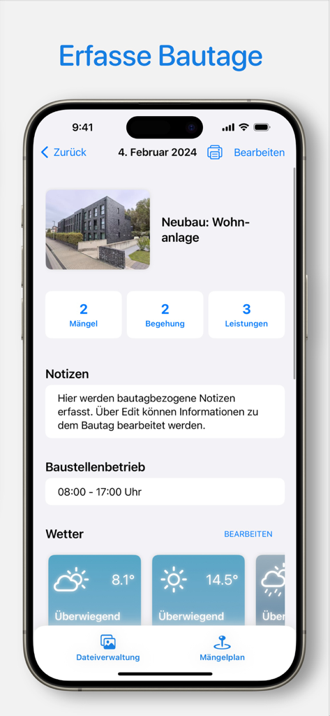 Mobile interface of ProCapture app showing a daily construction report with weather data and project status.