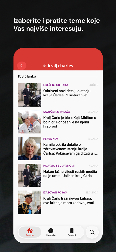 App Avaz che visualizza un elenco di articoli di notizie bosniaci sul re Carlo.